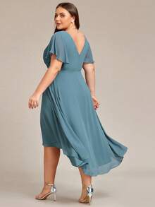 Plus Size Women's Double V-Neck Ruffle Sleeve A-Line Chiffon Mid-Length Wedding Guest Dress, Bridesmaid Dress Party Spring - Blue - View 3