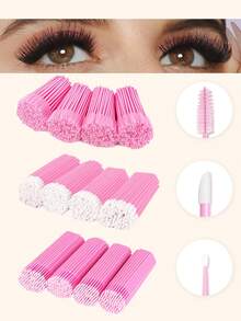 300pcs Eyelash Extension Kit, Disposable Eyelash Brushes, Mini Brushes, Black Mascara Wands, Lip Brushes, Suitable For Eyelash Extension, Tattoo, Lipstick Application (Pink) - Pink - View 1