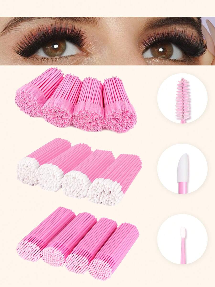 300pcs Eyelash Extension Kit, Disposable Eyelash Brushes, Mini Brushes, Black Mascara Wands, Lip Brushes, Suitable For Eyelash Extension, Tattoo, Lipstick Application (Pink) - Pink - View 1