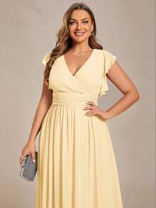 EVERPRETTY V-Neck Solid High Waist Pleated Yellow Bridesmaid Dress, Wedding Party Guest Dress, Spring/Summer - Yellow - View 6