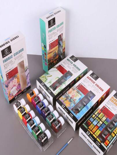 12 Colors X 25ml/0.84oz Art Set, Acrylic, Watercolor, Poster, Glass,Fabric,Gouache Paint Set,Suitable For Art Creation, Handicraft Coloring, Glass, Lampshade, Building Glass