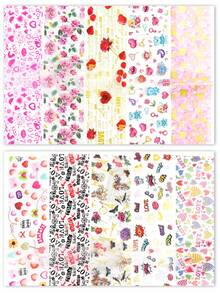 10张情人节主题爱心美甲贴纸，粉色红色爱心玫瑰花字母嘴唇天使图案，美甲装饰，星空纸质美甲用品 - 彩色 - 查看 8