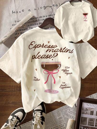 Espresso Martini, Blusas de verano para mujer, Atuendos de vacaciones, Camisetas, Atuendos de verano, Camisetas estampadas, Atuendos de playa, Camiseta de manga corta y cuello redondo casual para mujer