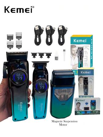 Kemei Juego de cortadora de pelo y afeitadora profesional, para uso en barbería o en casa, set de cuidado personal como regalo para hombres, afeitadora de motor magnético, regalo de Año Nuevo para hombres KM-2279, KM-1740 y KM-T400