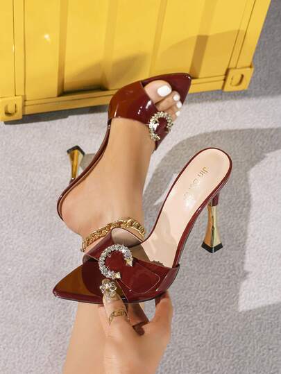 Jin Bei Qi 1双女士尖头水钻搭扣漆皮套脚高跟凉鞋，优雅奢华，适合正式场合、派对、婚礼，酒红色