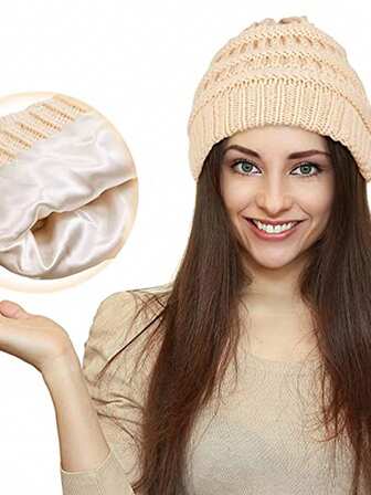 1顶弹力缎面衬里针织加厚休闲毛线帽，仿毛皮渔夫帽，时尚百搭，适合日常生活、秋冬季户外旅行