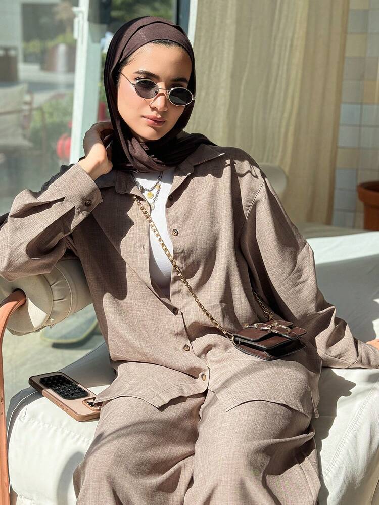 Western Style Vacation Beach Solid Color Faux Denim-Linen Loose Casual 2-Piece Set For Women, Spring Modest Fashion Lounge Sets For Women - Coffee Brown - View 3