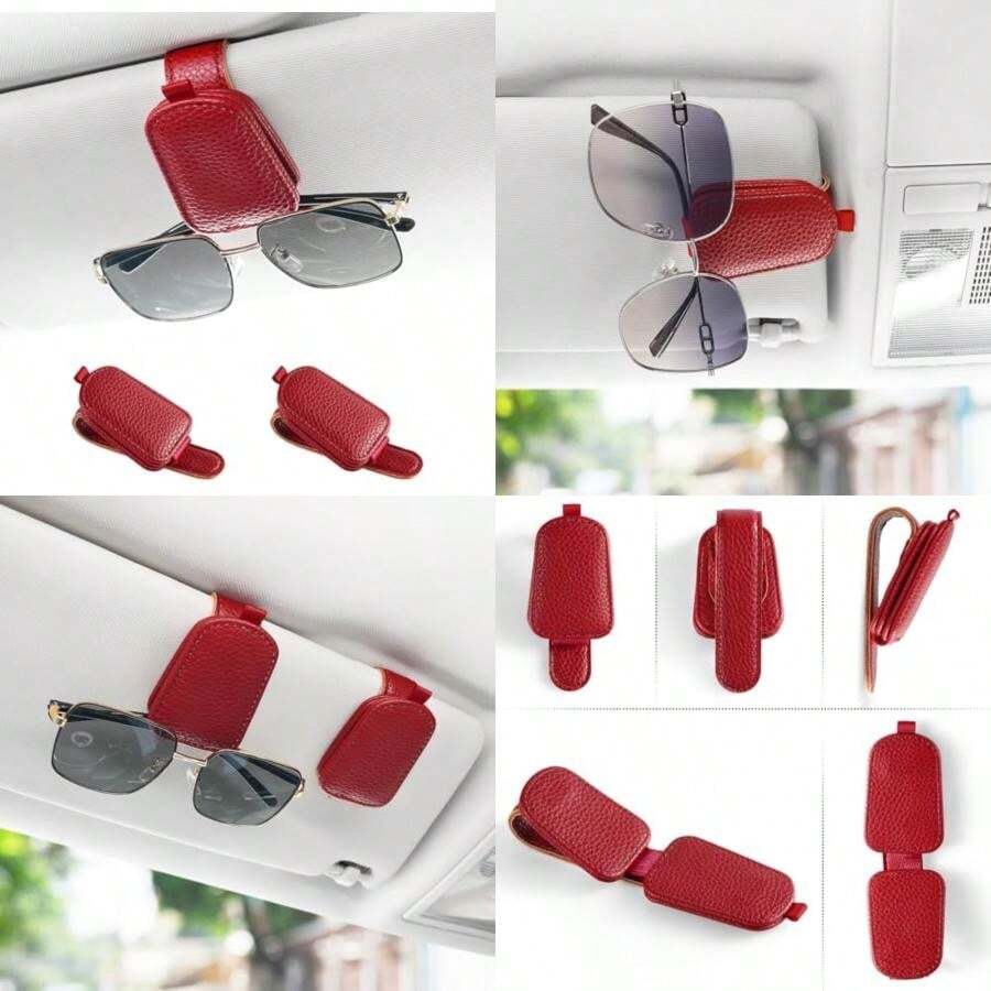 SINGARO - Soporte de anteojos de sol para coche, hebilla magnética de piel, clip para anteojos de sol, tarjeta de boletos para almacenamiento de anteojos, accesorios interiores del coche para hombres y mujeres (gris)(Rojo - 2 piezas) - Multicolor - Ver 1