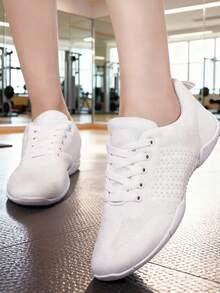 A Pair Of Women's Lightweight Gymnastics Training Shoes, White Low-Top, Elastic Band Style, Comfortable And Breathable, Athletic Shoes Suitable For Cheerleading, Fitness, Competitions, Aerobic Exercises, Yoga And Dance, Fashionable Flat White Sneakers, Shoes, Women's Shoes.