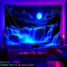 1pc Moon Waterfall Blue - Glowing Under UV Black Light Tapestry Oversized Fluorescence Tapestry Polyester, Room, Dorm, Living Room, Home Furnishings, Party Decorations, Free Installation Package, No Electricity Needed - Blue - View 8