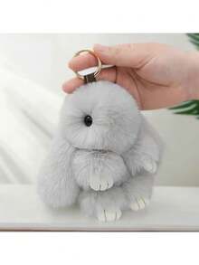 5.9英寸手工可爱兔毛毛绒钥匙扣，柔软兔毛绒球吊坠，萌趣兔毛钥匙扣，女士礼物