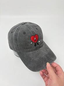 1 pieza Gorra de béisbol de denim vintage lavado con bordado de corazón, gorra snapback casual y versátil unisex - A - Ver 9