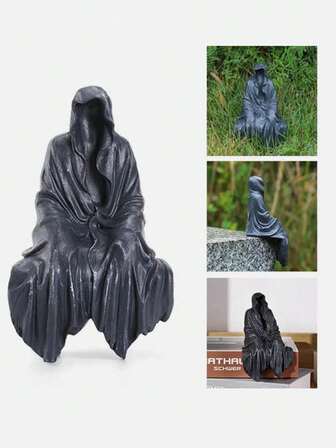 1pc/2pcs Gothic Resin Hooded Statue - Sitting Pose Decor, Suitable For Bookshelf, Office Desk, Garden, Car, Halloween Horror Decoration, Gift For Friends And Family, Statue Home Decor, Ornament