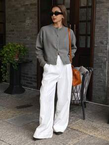 Livesso 1pc Women Solid Color Minimalist Knit Cardigan,Fall Clothes - Grey - View 3