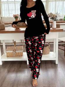 2pcs Elegant & Comfortable Casual Milk Silk Women Crew Neck Long Sleeve Top & Pants Set With Heart & Bear Letter Pattern, Spring - Black - View 4