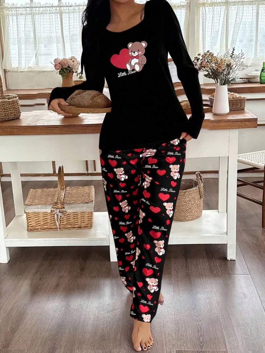 两件套优雅舒适休闲牛奶丝女式圆领长袖上衣和裤子套装，饰有心形和小熊字母图案，春季 - 黑色 - 查看 1