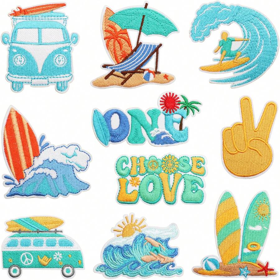 10pcs Beach Travel Theme Hot Melt Embroidered Patches, Suitable For Clothes And Bags Decoration, Iron-On Patches