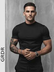 GRDR Men's Fashionable Mock Neck Short Sleeve T-Shirt | Exquisite Design | Summer Essential | Easy To Match | Showcase Your Style - Hitam - View 4