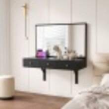 Schminktisch Hängender Mit Spiegel, 3 Schublade Und Steckdosen, Tablet-Cartensteckplatz, Getränkehalter;Schwarz 100*105*45 Cm (B*H*T) - Black - View 5