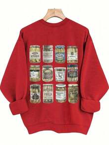 [Olive Green Sweatshirt] Soft Olive Green Crewneck Sweatshirt |       PICKLES Letter Print & Pickle Jar Graphic - Mid-Stretch Fabric, Machine Washable, Casual All-Season Comfortchristmas Outfit Women-Unisex, Comfortable Vintage Cotton Washed T-Shirt - 紅色 - 查看 2