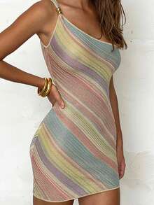 Spicy Girl Style Women's Mini Dress One Shoulder Spaghetti Strap Sleeveless Striped Bodycon Dress Valentine's Day - Nhiều màu - Xem 3