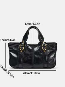 时尚复古酒红色手提包，女士托特包，大容量通勤百搭款，亮面皮革手提包，Y2K复古风格，可拆卸肩带 - 黑色 - 查看 4