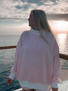 Womens Lightweight Striped Two Pieces Outfits Shorts Set Y2k Long Sleeve Mock Neck Oversized Sweatshirt Pullover Top And Shorts Sweat Set Spring Fall Sweatsuit Tracksuit Loungewear - Pink - View 5