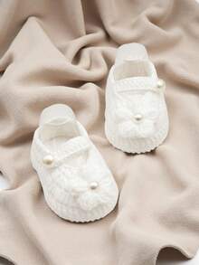 1 Pair Infant Christening Booties, White Pearl Knit Slippers, Infant Shoes - White - View 5