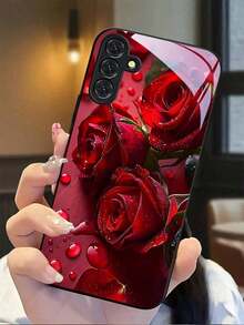 1pc Red Roses With Water Droplets Tempered Glass Phone Case Is Thickened For Enhanced Drop Protection. Suitable For Compatible With Samsung Galaxy S20/21/22/23/24/25 Ultra/FE+,S10/10E+,NOTE9. 20,20ULTRA,A71/56/55/54/53/52/51/36/35/34/32/26/25/24/26/16/15/14/06/05/05S/03S, As Well As, Iphone17,17Air,17pro,17pro Max,16, 15, 14, 13, 12, 11, PRO MAX, As Well As,PLUS - 黑色 - 查看 6