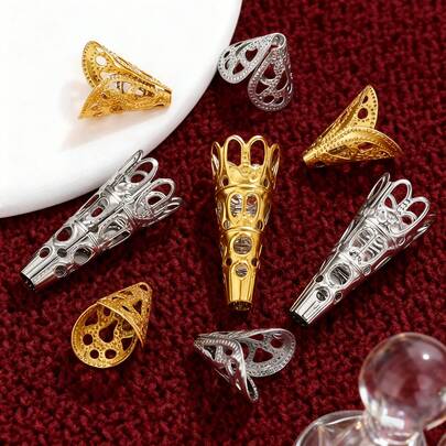 20pcs Stainless Steel Hollow Flower Filigree Long Cone End Beads Cap Conectors For DIY Jewelry Making Supplies Accessories Bulk