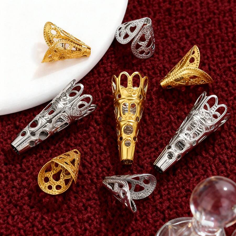 20pcs Stainless Steel Hollow Flower Filigree Long Cone End Beads Cap Conectors For DIY Jewelry Making Supplies Accessories Bulk