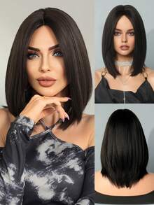 7JHH WIGS Tóc giả ngắn thẳng màu đen, tóc giả kiểu bob màu nâu sẫm cho nữ, dài ngang vai, rẽ ngôi giữa, chịu nhiệt, làm từ chất liệu tổng hợp, thích hợp sử dụng hàng ngày và dự tiệc, dài 16 inch (màu nâu sẫm). - màu đen - Xem 3