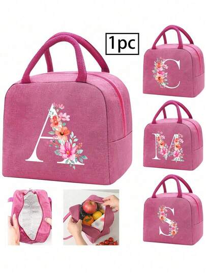 1pc Letter Print Insulated Lunch Bag, Thermal Lunch Tote, Handbag, Lunch Box, Ice Pack, Picnic Food Tote Bag, Canvas Lightweight Portable Lunch Organizer Bag For School, Office, Picnic, Birthday Gift, Souvenir. This Is A Newly Designed, Large Capacity Portable Casual Lunch Thermal Bag, An Ideal Handbag.