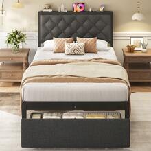 Gunji Bed Frame With 2 Storage Drawers, Tufted Upholstered Headboard With Charging Post, No Springs, No Noise, All-Metal Construction,Grey - 灰色 - 查看 5