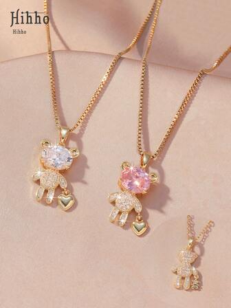 Hihho 1pc Cute Bear Candy Color Christmas Charm Necklace - Gold Chain, Adorable Holiday Jewelry Gift For Women And Girls, Fashionable Copper Alloy Lively Heart-Shaped Bear Pendant Necklace, Stainless Steel Chain, Birthday/Valentine's Day/Christmas Jewelry Gift