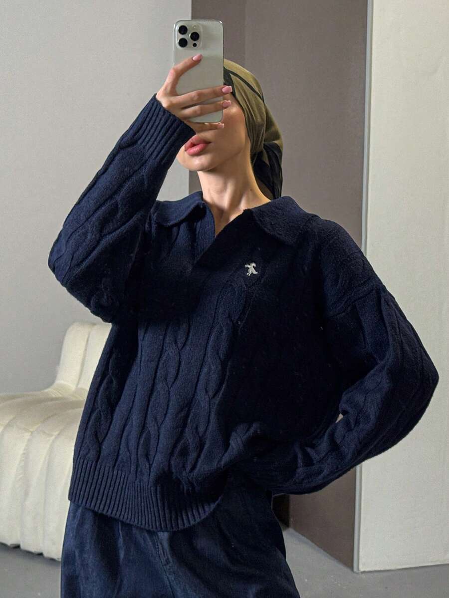 DAZY V-Neck Cable Knit Sweater For Women, Embroidered Collar Design, Loose Fit, Autumn/Winter - Navy Blue - View 1
