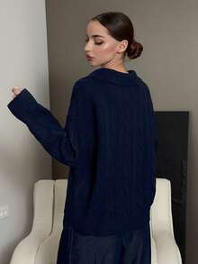 DAZY V-Neck Cable Knit Sweater For Women, Embroidered Collar Design, Loose Fit, Autumn/Winter - Navy Blue - View 7
