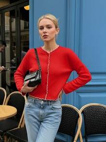 Women's Autumn Fashion Red Long-Sleeved Short Knitted Cardigan, With Color-Matching Lacework Design, Sweet Top, Suitable For Daily And School Wear. - Red - View 1