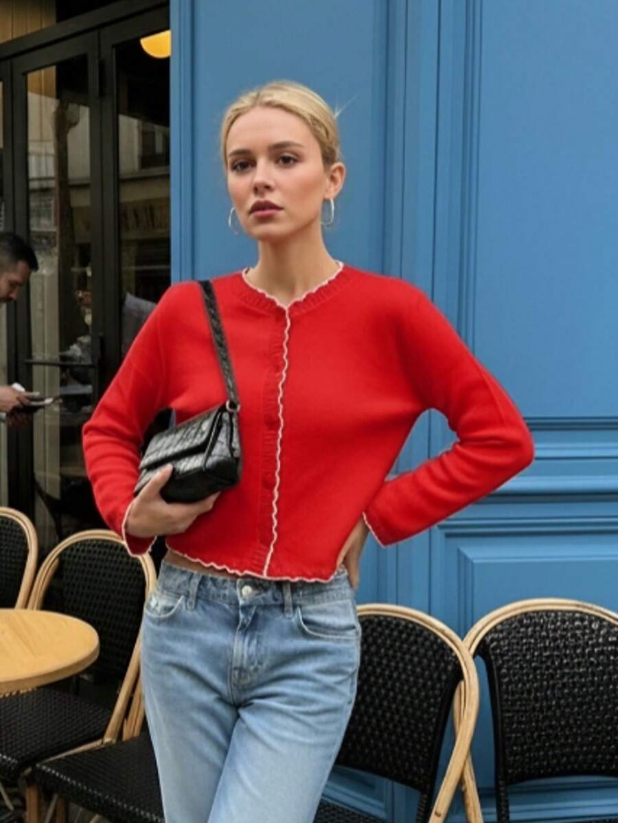 Women's Autumn Fashion Red Long-Sleeved Short Knitted Cardigan, With Color-Matching Lacework Design, Sweet Top, Suitable For Daily And School Wear. - Red - View 1
