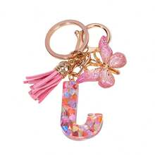 1pc New Pink Sequin 26 Letter Epoxy Butterfly Tassel Metal Keychain Wholesale Bag Charm Jewelry Gift - Pink - View 23