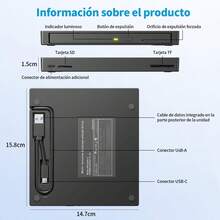 Quemador de CD y DVD Externo,Lector de CD, Grabadora DVD Externa USB 3.0 y Tipo C, Grabadora CD/DVD Lector Portátil con Lector Tarjeta/TF,Compatible con Linux OS - Negro - Ver 7