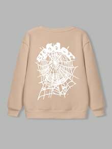 Boys' cotton black drop-shoulder sweatshirt, street-style cool spider web pattern top, loose-fitting casual sweatshirt, thick fabric warm round-neck sweatshirt for autumn and winter, leeren's flee-Crena's flee-d leeaut.com - 黑色+杏色+花灰色 - 查看 5