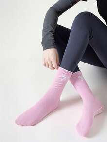 1/2 Pair Pilates Socks, Professional Non-Slip Yoga Socks With Embroidered Bow, Dot Patterned Anti-Slip Socks For Women, Suitable For Home, Leisure, Aerobic Exercise, Soft Ribbed Knit Fabric, Wavy Hem + 3D Bow Embroidery - Multicolor - View 4