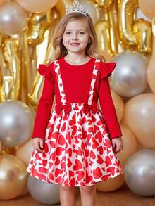 Vestido con volantes, moño y estampado de corazones para niña, diseño para el Día de San Valentín - Rojo - Ver 3