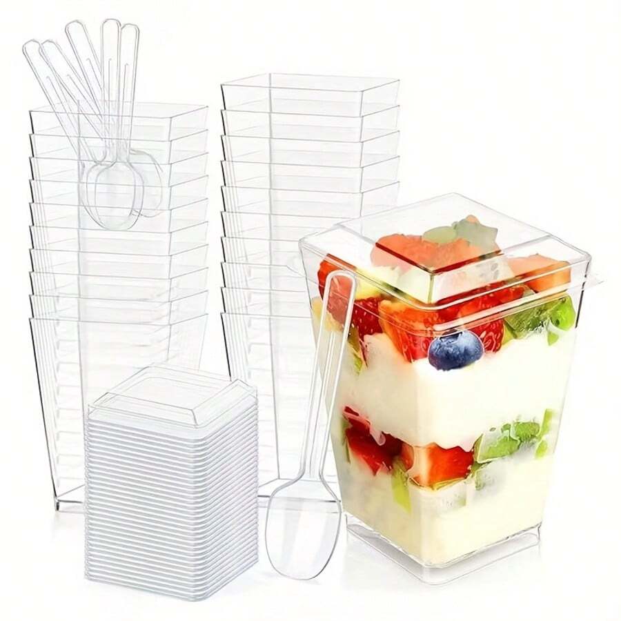 20/50/100pcs 5oz Reusable Dessert Cups With Lids And Spoons - Multipurpose Clear Party Cups For Banana Pudding, Yogurt Parfait, Mousse Cake And Ice Cream - Durable And Stackable, Suitable For Birthday, Wedding, Party Supplies, Wedding Catering - Holiday Food Prep Containers, Stackable Design, Lightweight Material, Event Planners