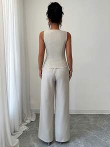 LilyHouse Women's Summer 2-Piece Set, Contrast Striped Elegant Casual Front Button Cardigan Vest Top And Brown Striped Pants, Suitable For Office, Daily, Business Commute/Valentine's Day Outfit