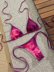 Bộ bikini dự tiệc gợi cảm, in họa tiết nhún bèo mềm mại mới, đồ bơi thời trang bãi biển mùa hè cho nữ - Màu tím - Xem 5