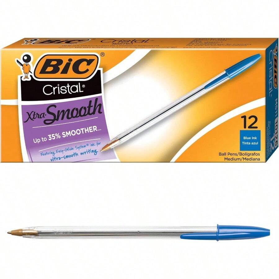 BIC Cristal Xtra Smooth Blue Ballpoint Pens Medium Point 1.0mm 12-Count Pack Extra Smooth And Reliable Ballpoint Pens For Daily Writing Office Tasks Note-Taking And School Use Ideal For Long Hours Of Continuous Writing With Consistent Ink Flow And Durable Performance - 藍墨水 - 查看 1