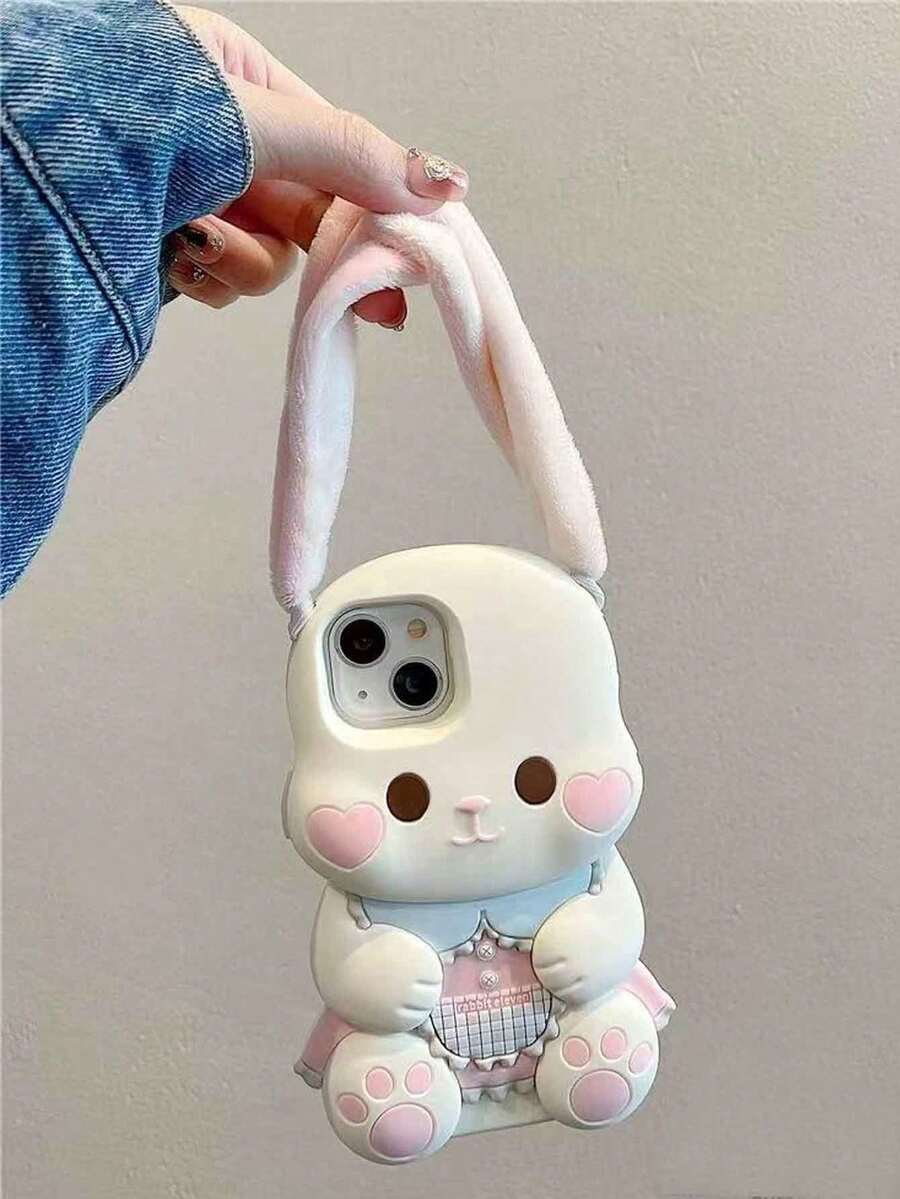 Capa de celular de silicone com coelho de pelúcia fofo de orelhas compridas, compatível com iPhone 12/13 Mini, 15 e 14 Pro Max. Capa protetora macia. - Branco - Ver 1