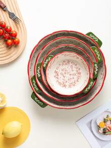 Vintage Floral Handpainted Round Ceramic Baking Dish With Handle, Kitchen Cookware Serving Plate For Salad, Pasta, Grilling, Baking, Pizza, Oven & Microwave , Suitable For Home Or Restaurant, Daily Use And Holidays - Green - View 2